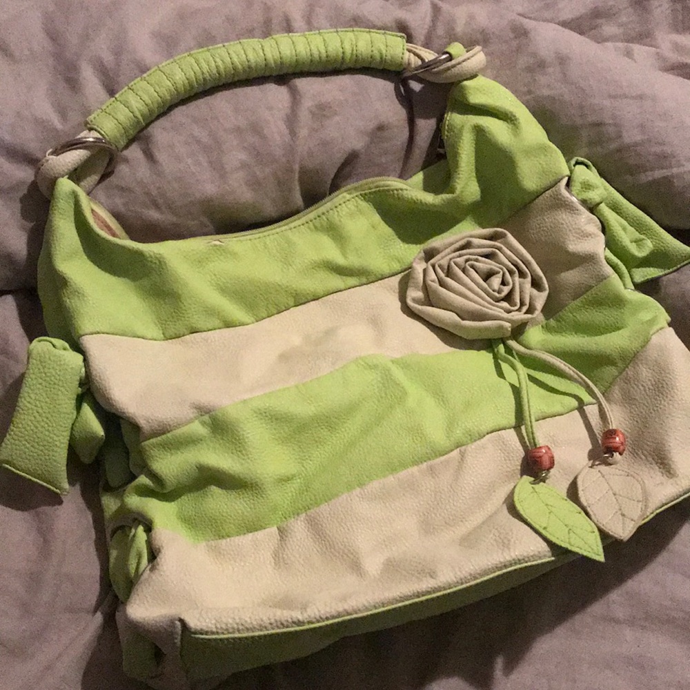 Lime & Cream Hobo Bag with Rosette Accent